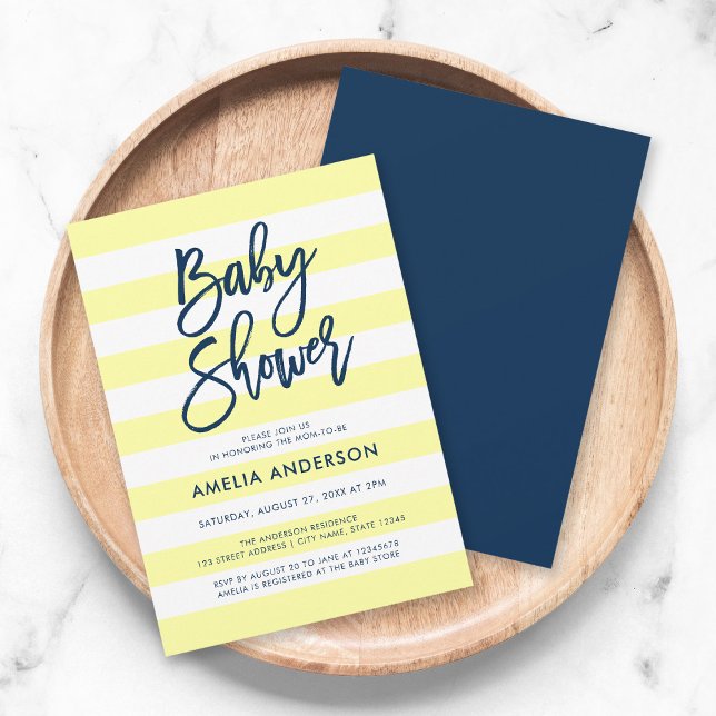 Pastel Yellow & White Stripes Blue Baby Shower Invitation (Creator Uploaded)