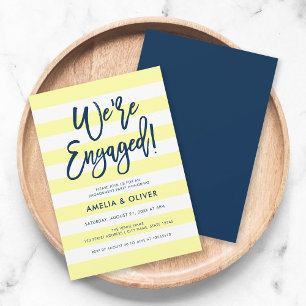 Pastel Yellow White Stripes Blue Engagement Party Invitation