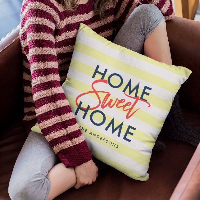 Pastel Yellow White Stripes Blue  Home Sweet Home Cushion (Creator Uploaded)