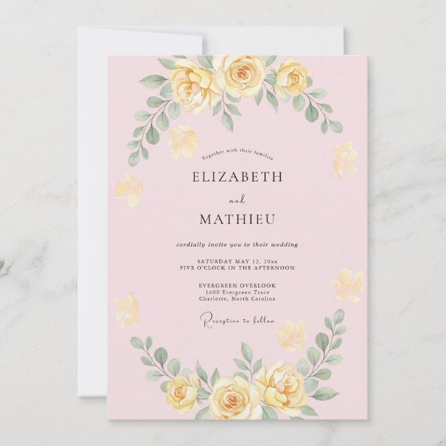 Pastel Yellow Wreath Bloom Wedding Invitation (Front)