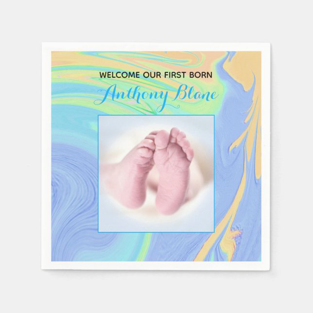 Pastels and Blue "Sip and See" with Photo Napkin (Front)