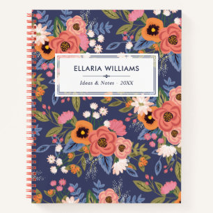 Pastels & Dark Blue Boho Floral Pattern Name Notebook