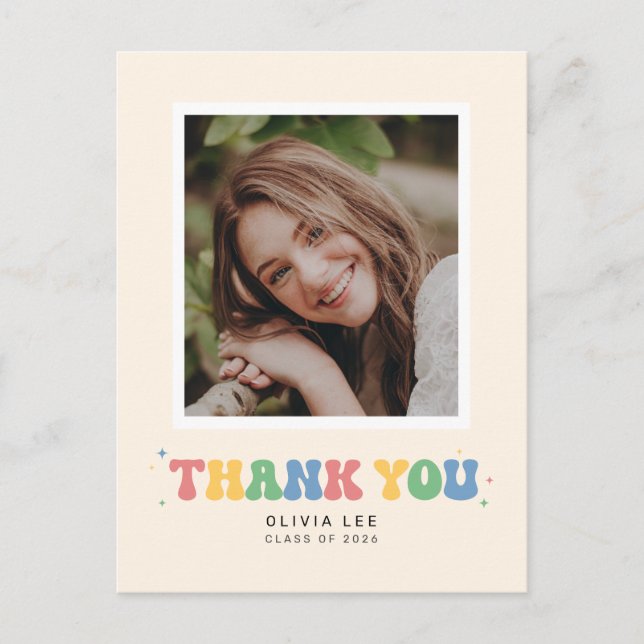 Pastels Groovy Retro Graduation Thank You Postcard (Front)