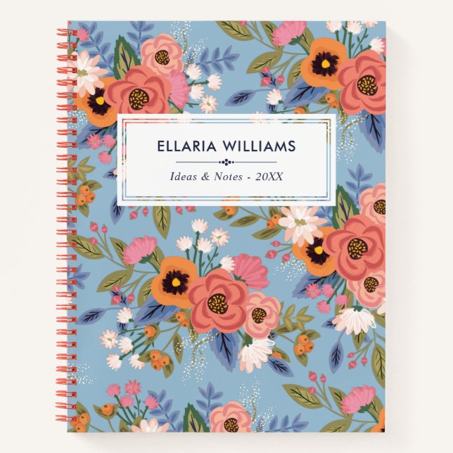 Pastels & Light Blue Boho Floral Pattern Name Notebook (Front)