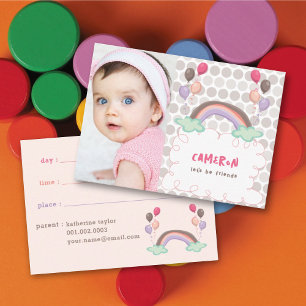 Pastels Rainbow & Balloons Girl's Photo Playdate Calling Card