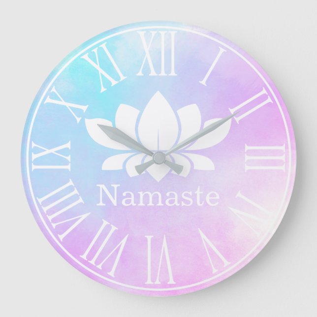 Pastels White Lotus Flower Namaste Yoga Large Clock (Front)
