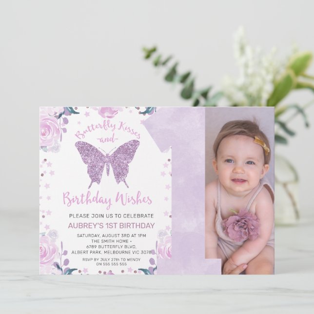 Pastle Purple Glitter Photo Butterfly 1st Birthday Invitation (Standing Front)
