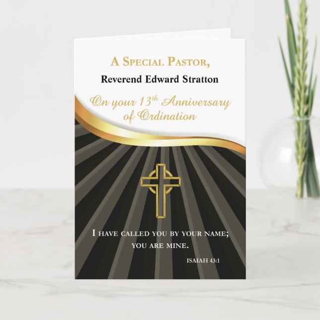 Pastor 13 Year Ordination Anniversary Black Gold  Card (Front)