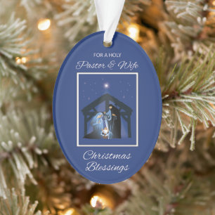 Pastor and Wife Christmas Blessings Manger on Blue Ornament