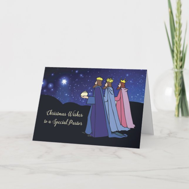 Pastor Christmas Wishes Three Kings at Night Holiday Card (Front)