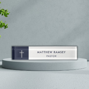 Pastor Modern Minimal Cross Navy White Church Nameplate