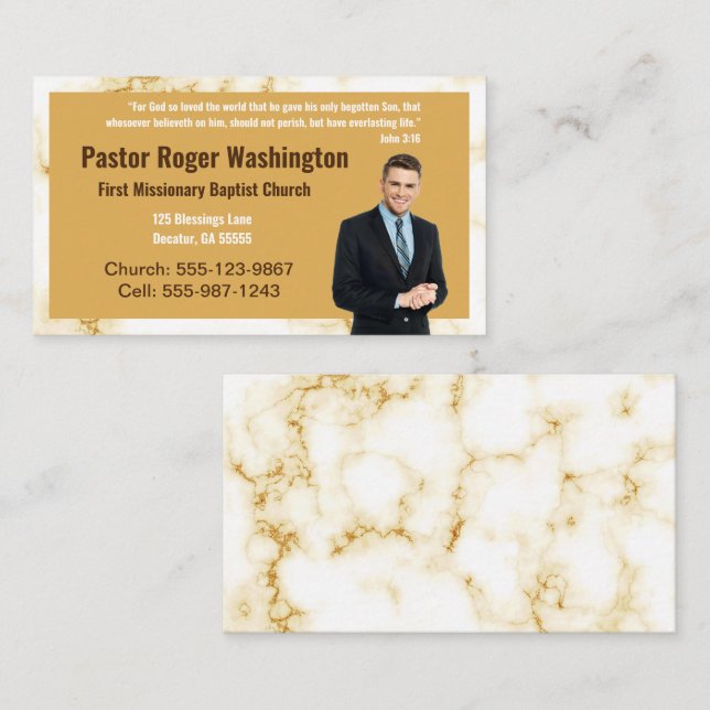 Pastor or Deacon Gold Marble Photo Church Business Card (Front/Back)