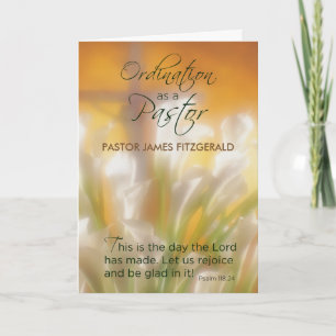 Pastor Ordination Custom Name, Date, Lilies, Cross Card