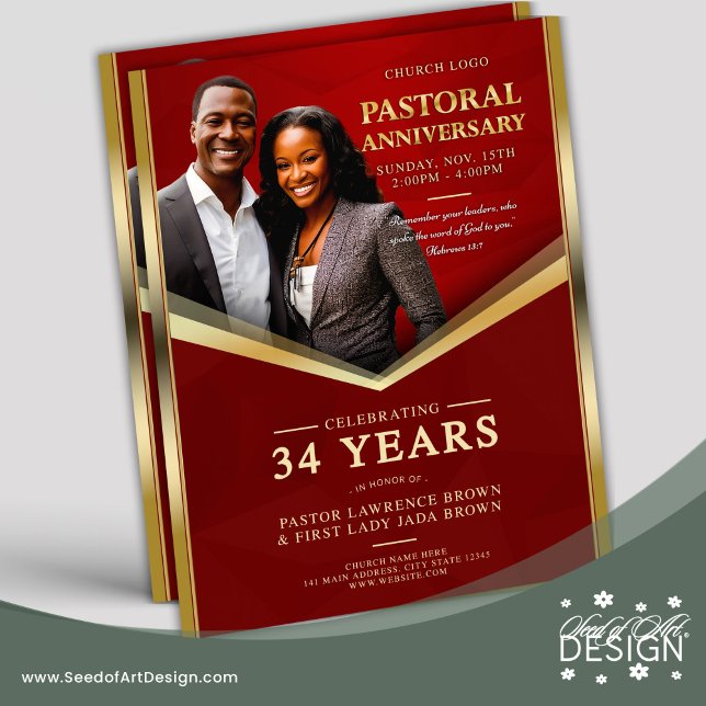 Pastoral Anniversary Red & Gold Frame Church  Flyer (Creator Uploaded)