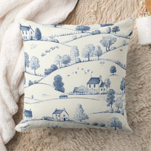 Pastoral Blue Toile Landscape Classic French Cushion