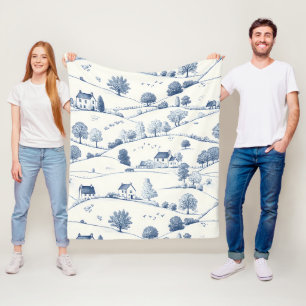 Pastoral Blue Toile Landscape Classic French Fleece Blanket