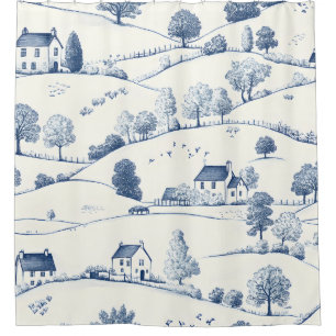 Pastoral Blue Toile Landscape Classic French Shower Curtain