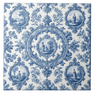 Pastoral Countryside Rural Folks French Toile Blue Ceramic Tile
