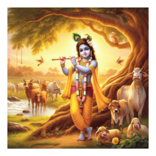 Pastoral Golden Serene Krishna Flute Scene Art Photo Print