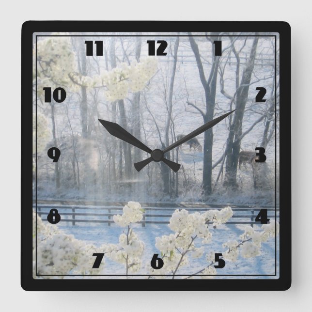 Pastoral Nature Scenery in Winter Square Wall Clock (Front)
