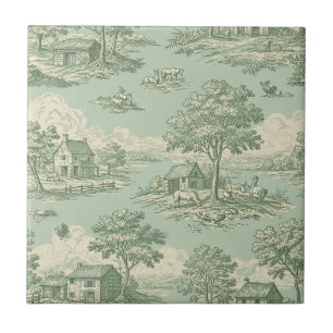 Pastoral Sage Green Toile Countryside Farm Scene 1 Ceramic Tile