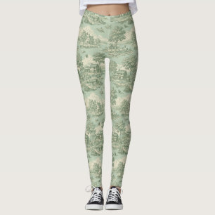 Pastoral Sage Green Toile Countryside Farm Scene 1 Leggings