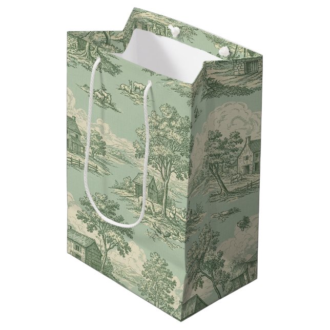 Pastoral Sage Green Toile Countryside Farm Scene 1 Medium Gift Bag (Front Angled)