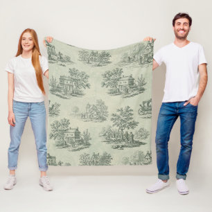 Pastoral Sage Green Toile Countryside Farm Scene 3 Fleece Blanket
