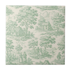 Pastoral Sage Green Toile Countryside Farm Scene 4 Ceramic Tile