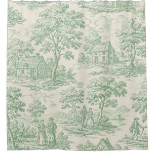 Pastoral Sage Green Toile Countryside Farm Scene 4 Shower Curtain