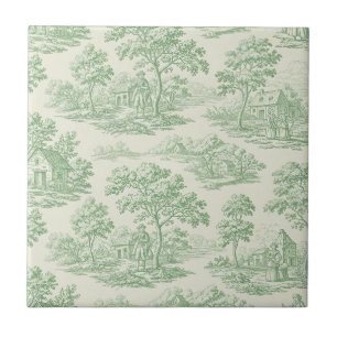 Pastoral Sage Green Toile Countryside Farm Scene 5 Ceramic Tile