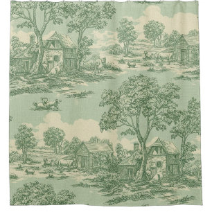 Pastoral Sage Green Toile Countryside Farm Scene 6 Shower Curtain