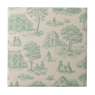 Pastoral Sage Green Toile Countryside Farm Scene 7 Ceramic Tile