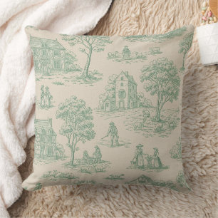 Pastoral Sage Green Toile Countryside Farm Scene 7 Cushion
