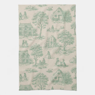 Pastoral Sage Green Toile Countryside Farm Scene 7 Tea Towel