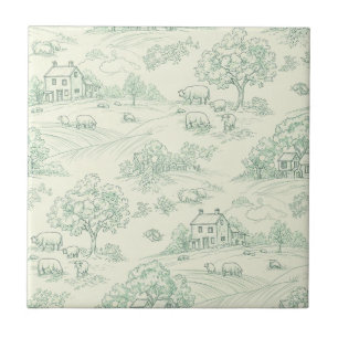 Pastoral Sage Green Toile Countryside Farm Scene 8 Ceramic Tile