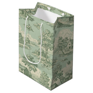 Pastoral Sage Green Toile Countryside Farm Scene Medium Gift Bag