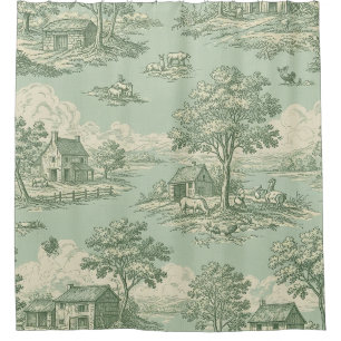 Pastoral Sage Green Toile Countryside Farm Scene Shower Curtain
