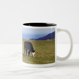 Pastoral scene of cows in field overlooking Two-Tone coffee mug
