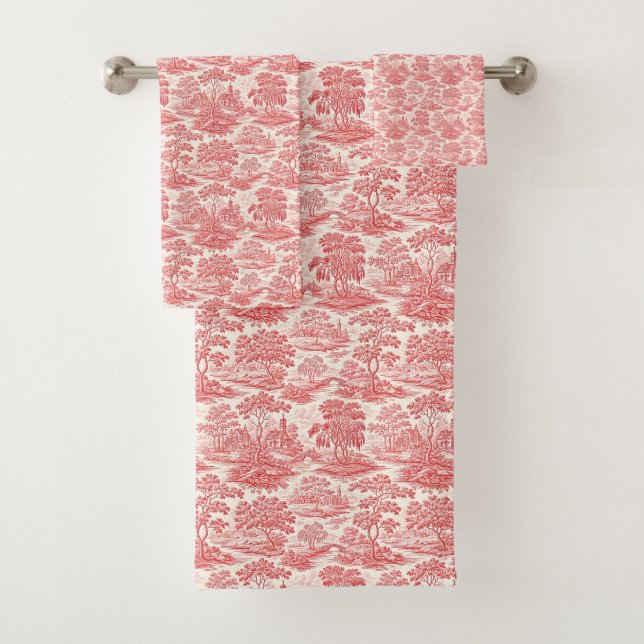 Pastoral Toile in Red Bath Towel Set (Insitu)