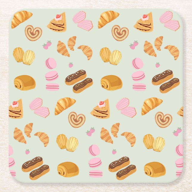 Pastries in Paris Square Paper Coaster (Front)