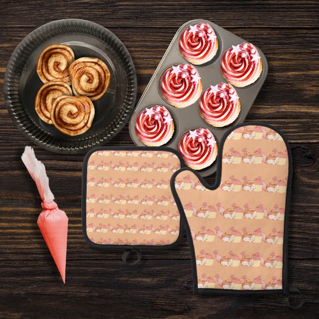 Pastry bags, cinnamon buns, and cupcakes peach oven mitt & pot holder set (Creator Uploaded)