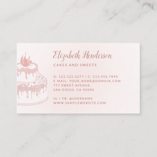 Pastry Bakery Chef Blush Pink Glitter Drips Cake Business Card (Back)