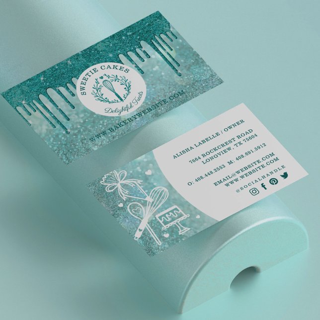 Pastry Bakery Whisk Glitter Teal Gold Sparkle Drip Business Card (Creator Uploaded)