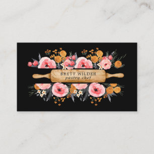 Pastry Chef Baker Rolling Pin Floral Black Business Card