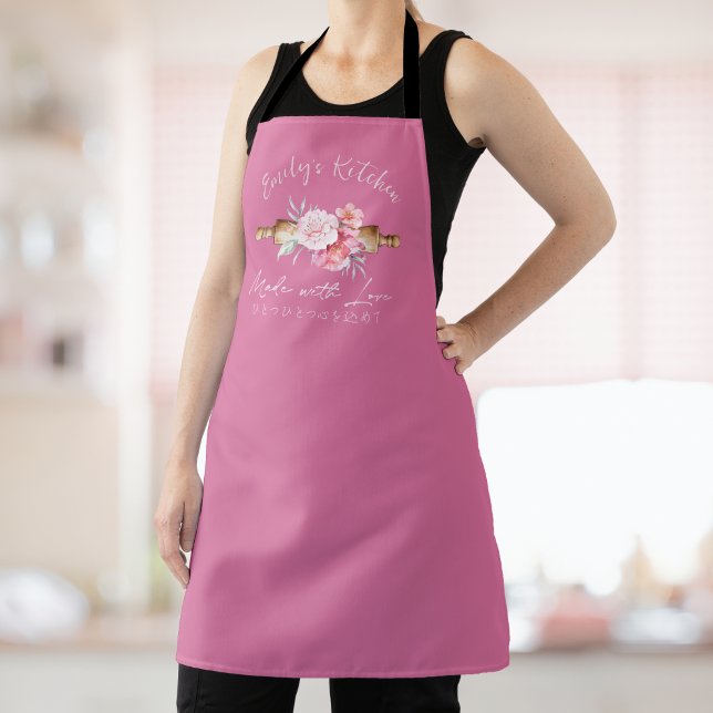 Pastry Chef Baking Utensil Rolling Pin Pink Floral Apron (Creator Uploaded)