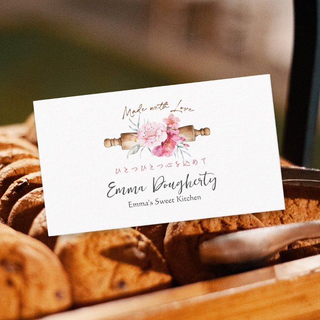 Pastry Chef Baking Utensil Rolling Pin Pink Floral Business Card (Creator Uploaded)