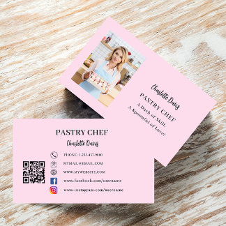 Pastry chef photo slogan QR code pink Business Card