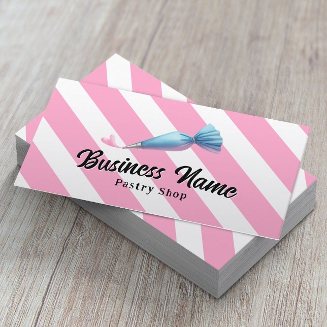 Pastry Chef Piping Bag & Heart Pink Stripes Bakery Business Card (Creator Uploaded)