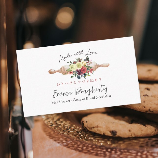 Pastry Chef Red Floral Rolling Pin Baking Utensil Business Card (Creator Uploaded)